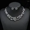 Necklace Earrings Set Exaggerated Style Women Fashion Crystal Flower Jewelry Rhinestone 2 Piece
