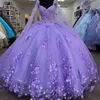 Glitter Lavender Quinceanera Elbiseler Spagetti kayışı Sarılı tatlı 15 önlük 2022 3d çiçek boncuk vestidos 16 balo parti giysileri236d