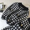 Women's Tracksuits Black White Plaid Knit Two Piece Sets Women Vintage Zipper Houndstooth Cardigan Tracksuit Chic Knitwear Jogger Pants Outfits 230912