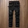 Men's Jeans Fashion Designer Mens Ripped Biker Jeans Leather Patchwork Slim Fit Black Moto Denim Joggers For Male Distressed Jeans Pants210e x0914