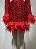 Casual Dresses Erotic Red Mini Dress for Women 2023 Chic Gace Sharcing Flash Sequin Feather Decoratio Ladies Vestidos Feminion Party