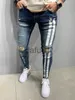 Herren Jeans Männer Skinny Denim Biker Jeans Seitlich gestreift Herren Zerrissene Hosen Zerstörtes Loch Zerkratzter Reißverschluss Slim Fit Jean Hose270x x0914