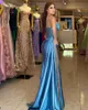 Elegante blaue Meerjungfrau Kleider Lang für Frauen Spaghetti Straps Applique Abendwettbewerbskleider Besonderes gelegentliches Geburtstagsfeier Party Kleid formelle Kleidung