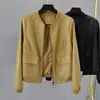 Women's Leather Yellow Black Korean Round Neck Short Washed PU Faux Jacket Coat Women Spring Autumn Loose Casual Biker Streetwear