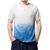 T-Shirts pour hommes coton lin hommes cravate colorant dégradé bleu manches courtes T-Shirts 2023 été hauts col en v hommes t-shirt décontracté chemise