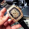 Milles Watch Richarmilles Watches Business Leisure Mens Fully Automatic Mechanical Skull Head Full of Stars with Diamond Tape Personalized Fashion Glow frj