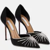 Aquazzur senhora vestido bombas mulheres sandália de salto alto sol cristal-embelezado bombas 105mm bomba camurça preta couro dedo do pé pontiagudo deslizamento em