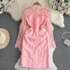 Casual Dresses HIGH STREET Est 2023 Designer Fashion Women's Long Sleeved Pearl Beaded V-neck Lace Patchwork Slit Dress