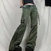 Jeans Femme Jeans pour femmes Y2k Grunge vert fermeture éclair bandage taille basse pantalon cargo gothique punk baggy rétro kawaii pantalon femmes pantalons de survêtement coréens x0914