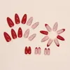 False Nails 24pcs/box Long Fake Almond Shape Wearing Red Glitter French With Adhesive Press On Round Artificial Nail Tips
