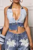 Tanks Femmes Echoine Couleur Patchwork Bleu Denim Halter Lace Up Dos Nu Sans Manches Irrégulière Débardeur Sexy Party Crop Summer Streetwear