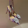 Aquazzura Crystal Margarita Pompa tacchi 105mm Nero Flower Rhinestone Decorazione con tacco alto tacco Scarpe con punta di punta della caviglia con cinturino da sandalo Sandalo Sandalo Sandalo