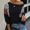 Women's Hoodies Women Long Sleeve O Neck One Shoulder Blouse Top Leopard Patchwork Pullover Female Sexy Clothing