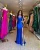 Sexig Royal Blue Mermaid Prom -klänningar för kvinnor spaghettirem rygglösa höga sidor delade paljetter svep tåg formell tillfälle kväll födelsedagsfest klänningar