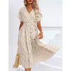 Casual Dresses Böhmen Women Dress Elegant Floral Print Ruffles Summer Ladies V-Neck Split Midi Vintage Party 2023