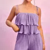 Zweiteilige Damen-Hosen, Damen-Sommer-Outfits, einfarbig, gestufte Rüschen, Unterhemden, Tank-Tops, elastische Taille, weites Bein, langes 2-teiliges Set