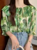 Kvinnors blusar Summer Green Floral Chiffon Shirt Short Sleeve Slash Collar Blue 2023 Off-Shoulder Holiday Bohemian Top 4xl