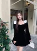 Casual Dresses Velvet Dress Women's French Bow Black Long Sleeve Mini 2023 Autumn And Winter A-line Pleated