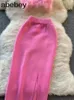 Tvådelt klänning rosa kvinnor stickade två stycken uppsättningar camis sexig kort topp+ elastisk midja stickad split lång kjol mode fasta kvinnor kostymer 230914
