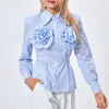 Blouses pour Femmes Puloru Chemises à Carreaux Automne Printemps Chic Mode Fleur Décor Manches Longues Revers Boutons Tunique Hauts Chemisier à Nouer au Dos