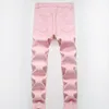Jeans masculinos high street rasgado remendo rosa primavera verão casual bigodes calças jeans retas para malemen's199r