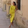 Casual Dresses Women Elegant Yellow Asymmetrical Dress With One Sleeves Lady Summer Midi Exposed Shoulder Long Robe Chic