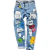 Women's Jeans Women Ripped Jeans High Waist Floral Print Trousers with Pockets Casual Style Bottoms x0914