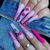 Falska naglar 24st rosa bärbara med lim lång kista falsk strass glitter balett konstgjord press på