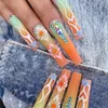 False Nails 24Pcs Long Ballet Fake With Rhinestones Flower Flame Design Press On Wearable Coffin Full Cover Manicure