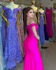 Robe de bal sexy fuschia sirène longue pour femme, épaules dénudées, paillettes, train de balayage, fente latérale haute, robe de soirée formelle d'anniversaire, concours de célébrités