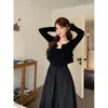 Basic Casual Dresses 145cm Petite girls French Hepburn Style Suspender Dress With Waistband Aline Bottom Skirt Cardigan Wear Paired Slimming XS 230912