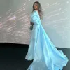 Bleu ciel bretelles a-ligne robes De soirée chérie perlée robe De célébrité avec Cape perles balayage Train robes De Novia 326 326