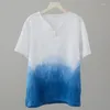 Men's T Shirts Cotton & Linen Men Tie Dye Gradient Blue Short Sleeve T-Shirts 2023 Summer Tops V-Neck Mens Casual Tee Shirt