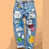 Women's Jeans Women Ripped Jeans High Waist Floral Print Trousers with Pockets Casual Style Bottoms x0914