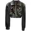 Women's Jackets Autumn Vintage Brushed Lacquered Edge Motorcycle Leather Pu Coat Black Brown Crop Jacket 230912