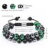 Gevlochten 8 mm zwarte onyx hematiet groene tijgeroog natuursteen armband dubbel geweven verstelbare edelsteen kralen armbanden polsbandje heren dames mode