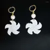 Dangle Earrings Hawaiian Natural White Mother Of Pearl Carved Windmill With Tiny Hoops Shell Pearls Eardrops