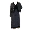 Vestidos de trabalho Mulheres Vintage Tweed Terno de Inverno Jacke Casaco Top e Saia Longa Conjunto de Duas Peças Combinando Roupa Jacquard Formal Ocasião Roupas
