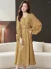 Casual Dresses 2023 Autumn Vintage Yellow Flower Print Chiffon Long Dress Women's Elegant Sleeve Belt A-Line Vestidos