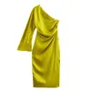 Casual Dresses Women Elegant Yellow Asymmetrical Dress With One Sleeves Lady Summer Midi Exposed Shoulder Long Robe Chic