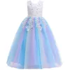 Hübsche Prinzessin Mädchenkleider mit Farbverlauf, Applikationen, Perlen verziert, Schleife, Ballkleid, Tüll, Mädchenfestzug, Kommunion für formelle Hochzeit, Party F05