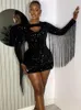 Casual Dresses Glitter -paljetter Tassel långärmad födelsedagsklänning för kvinnor lyx 2023 klippt ut elegant nattklubbfest prom jul