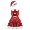 Mädchenkleider Kinder Mädchen Pailletten Weihnachten Cosplay Kleid für Bühnenauftritt mit Weihnachtsmannmütze Weihnachten Fancy Party Kostüm Jahresoutfits 230914