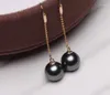 Dangle Earrings Fine Jewelry Pure 18 K Yellow Gold 10mm Natural 9-8mm Black Round Pearl For Women