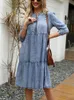 Basic Casual Dresses Denim Woman Autumn Imitation Vintage Clothes Solid Female Fashion Blue Dress KneeLength ONeck Clothe 230914