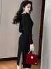 Casual Dresses Elegant Pendder Classic Midi Dress Women 2023 Black Bodycon Pearl Necklace Folds Slit Robe Office Clothes Street Vestido