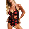 Women's Swimwear Kissy Lips Swimsuit Sexy Red Mouths Print One Piece Push Up Bodysuit Retro Graphic Beach Wear Birthday Present