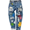 Women's Jeans Women Ripped Jeans High Waist Floral Print Trousers with Pockets Casual Style Bottoms x0914