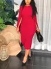 Lässige Kleider Frauen Midi Bodycon Kleid Elegant Klassisch O-Ausschnitt Langarm Schlitz Elastisch Schwarz Rot Grün Blau Party Club Karriere Damen Roben