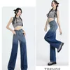 Kvinnors jeans 2023 Spring och Autumn Style Diamond rullade hög midja breda ben raka byxor stjärnhimmel mönster
